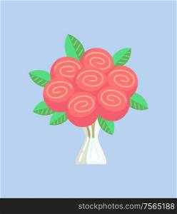 Rose bouquet pink vector, decoration of flowers with leaves in vase isolated icon. Flora blossom in glass container, botanical foliage leafy plant. Rose Bouquet Pink Flowers with Leaves in Vase