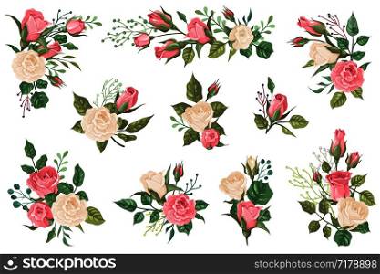 Rose bouquets. Floral invitations with red white and pink rose buds with green leaves. Wedding bouquets for greeting card. Vector drawing bloom flower branch set. Rose bouquets. Floral invitations with red white and pink rose buds with green leaves. Wedding bouquets for greeting card. Vector set