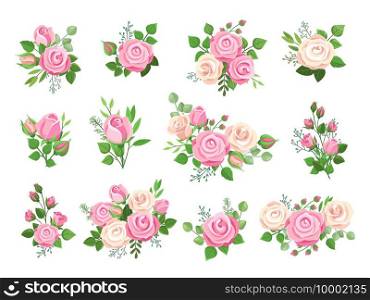 Rose bouquets. Red, white and pink roses, flower elements with green leaves and buds. Watercolor wedding floral romantic vector decor. Floral leaf blossom, bouquet wedding summer illustration. Rose bouquets. Red, white and pink roses, flower elements with green leaves and buds. Watercolor wedding floral romantic vector decor