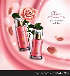 Rose cosmetics realistic background with two tubes of cream blooming flower and petals vector illustration