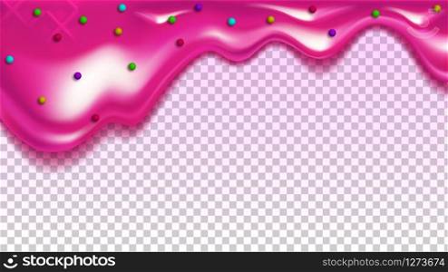 Rose Cream And Sweet Multicolored Balls Vector. Dripping Jelly Cream. Delicious Ingredient For Baked Dessert. Strawberry Or Raspberry Taste Confectionery Concept Template Realistic 3d Illustration. Rose Cream And Sweet Multicolored Balls Vector