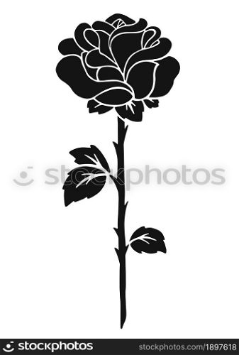 Rose flower. Black silhouette. Design element. Vector illustration isolated on white background. Template for books, stickers, posters, cards, clothes.