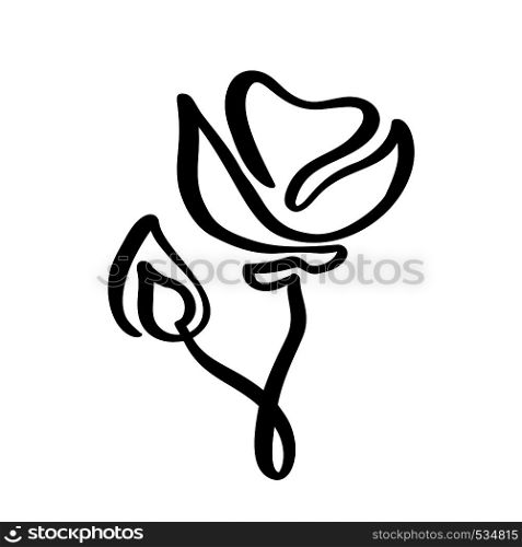 Rose flower concept logo organic. Continuous line hand drawing calligraphic vector. Scandinavian spring floral design element in minimal style. black and white.. Rose flower concept logo organic. Continuous line hand drawing calligraphic vector. Scandinavian spring floral design element in minimal style. black and white
