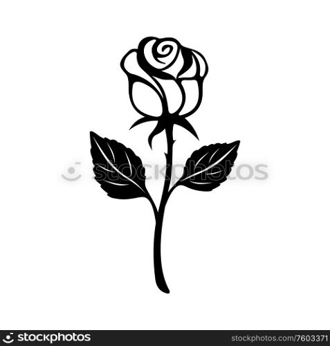 Rose flower isolated black silhouette. Vector blooming bud on stem with leaves. Monochrome rose flower isolated blossom