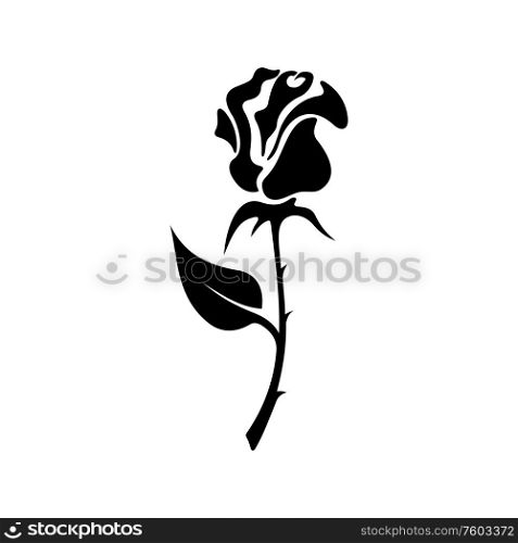 Rose flower isolated black silhouette. Vector blooming bud on stem with leaves. Monochrome rose flower isolated blossom