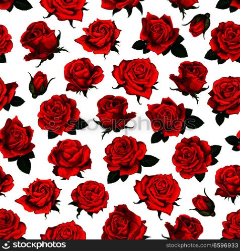 Rose flower seamless pattern of floral background. Red blossom of summer garden plant with green leaf and tide bud on white background for wallpaper, textile or bouquet wrapping paper design. Red rose flower seamless pattern background design