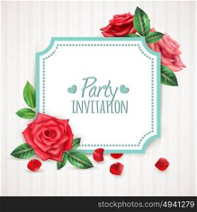 Rose Flowers Frame. Realistic invitation background with blooming roses petals and buds vector illustration