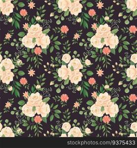 Rose flowers pattern. Roses black print, flower buds and floral seamless vector dark. Pink flowers bloom, garden plant watercolor wallpaper or gift wrapping background illustration. Rose flowers pattern. Roses black print, flower buds and floral seamless vector dark background illustration