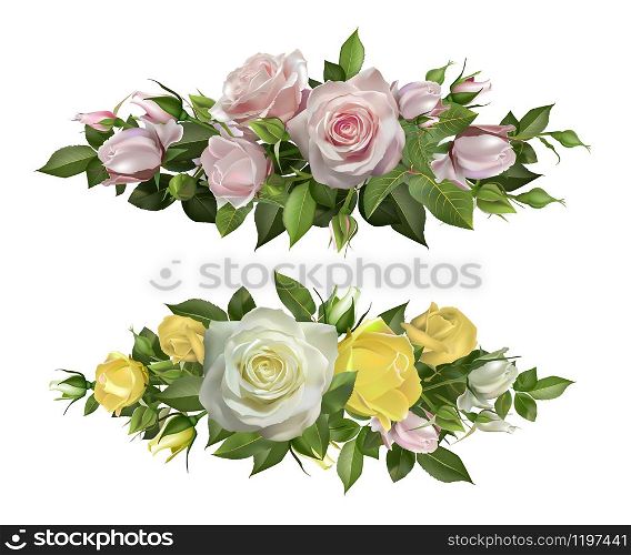 Rose flowers realistic borders. Flower decorative frame, tender flowers with leaves and burgeon, floral blossom element for wedding card and invitation vector natural botanic love elements. Rose flowers realistic borders. Flower decorative frame, tender flowers with leaves and burgeon, floral blossom elements for wedding card and invitation vector illustration