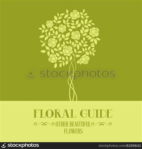 Rose garden tree over color label for floral guide book. Vector illustration.