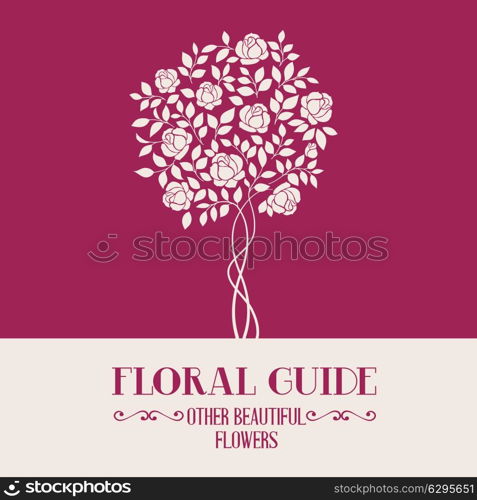 Rose garden tree over color label for floral guide book. Vector illustration.