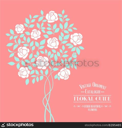 Rose garden tree over floral ornament label for floral guide book. Vector illustration.