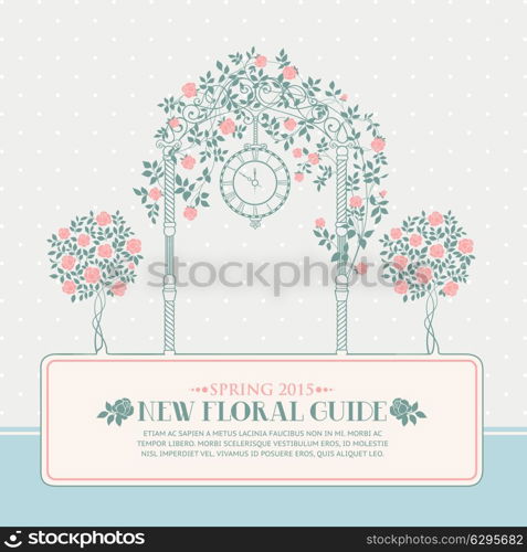 Rose garden with trees and arch flowers, text template plase in the bottom. Vector illustration.