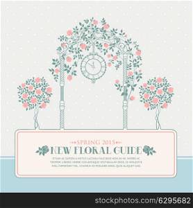 Rose garden with trees and arch flowers, text template plase in the bottom. Vector illustration.