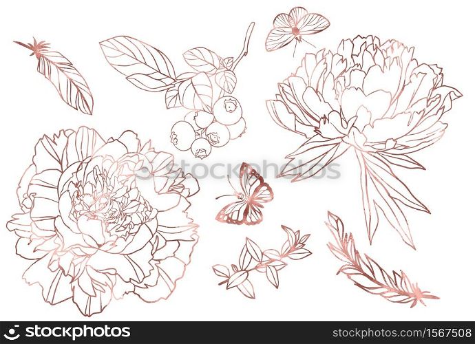 Rose gold floral elements collection, hand drawn vector illustration