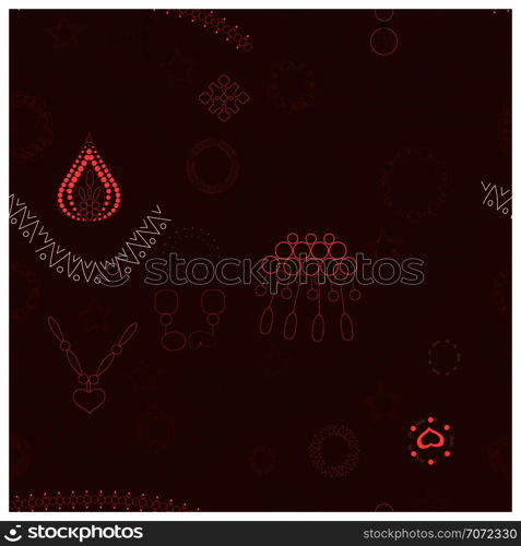 Rose gold jewellery seamless pattern. Brown background. Accessories sketch clipart. Jewels textile, background, web, wrapping paper. Vector illustration. Rose gold jewellery endless decor texture.