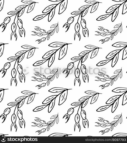 Rose hip Doodle seamless pattern. Berry Black and white vector for fashion, print, textile, cover. Pattern for background, card, poster, coves, scrapbooking, textile, wrapping, banners, notebook.. Rose hip Doodle seamless pattern. Berry Black and white vector for fashion, print, textile, cover.