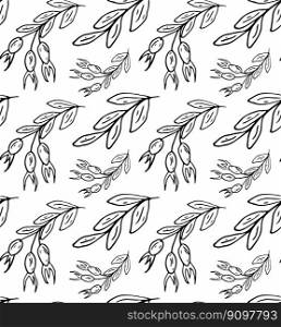 Rose hip Doodle seamless pattern. Berry Black and white vector for fashion, print, textile, cover. Pattern for background, card, poster, coves, scrapbooking, textile, wrapping, banners, notebook.. Rose hip Doodle seamless pattern. Berry Black and white vector for fashion, print, textile, cover.