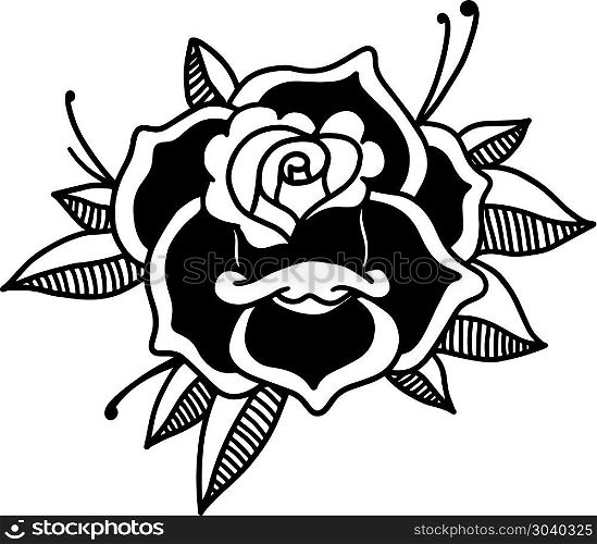 Rose illustration in tattoo style. Design element for poster, card, emblem, sign, banner. Vector image. Rose illustration in tattoo style. Design element for poster, card, emblem, sign, banner.