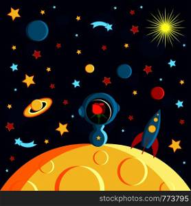 Rose in a spacesuit on the moon. Moon, Sun, Saturn, Earth, other planets, rocket Stars comets space Cartoon style. Girl on the moon. Moon, Sun, Saturn, Earth, other planets, rocket. Stars, comets, space. Cartoon style.