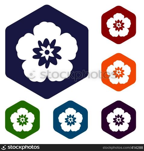 Rose of Sharon, korean national flower icons set rhombus in different colors isolated on white background. Rose of Sharon, korean flower icons set