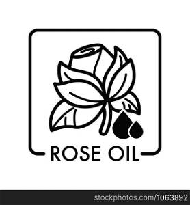 Rose oil flower with drops of liquid aromatic product vector isolated icon of aromatherapy component ingredient used in beauty industry and cosmetics production aroma organic element line art.. Rose oil flower with drops of liquid aromatic product