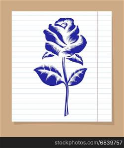Rose on line notebook page. Drawing of rose on line notebook page vector