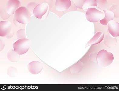Rose petals falling with blank paper heart on pink background vector illustration