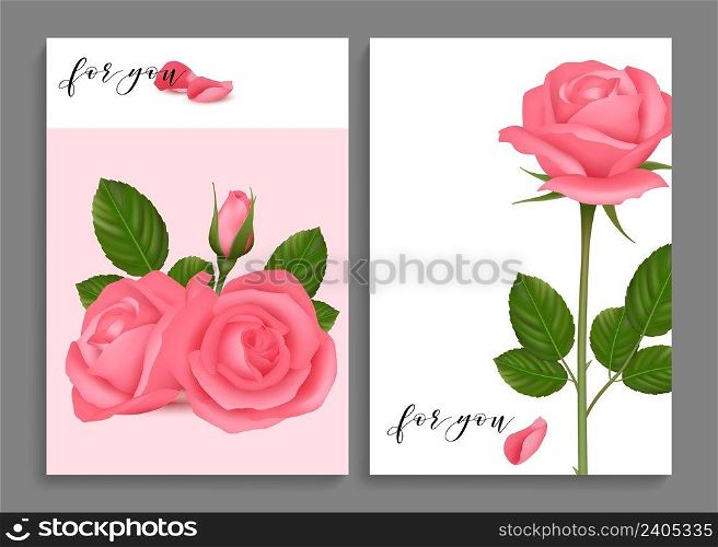 Rose postcards. Realistic roses cards, love romantic banners. For you lovely flowers vector templates. Illustration of postcard wedding with rose. Rose postcards. Realistic roses cards, love romantic banners. For you lovely flowers vector templates