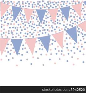 Rose quartz and serenity bunting background with confetti. Vector illustration.