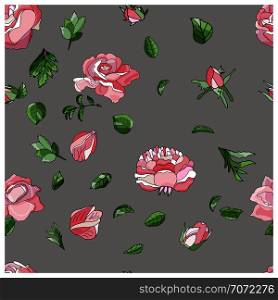 Rose seamless pattern. Floral background. Vector illustration on grey background. Can be used for wallpaper, pattern fills, web page background,surface textures. . Beautiful endless rose Pattern in Vector.
