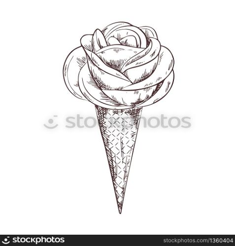 Rose shaped gelato ice cream in waffle cone, sketch vintage vector illustration