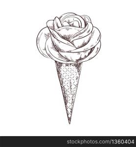 Rose shaped gelato ice cream in waffle cone, sketch vintage vector illustration