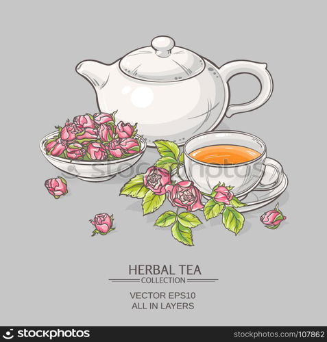 rose tea on grey background. Illustration with cup of tea, teapot and roses on grey background