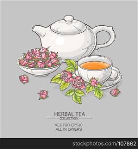 rose tea on grey background. Illustration with cup of tea, teapot and roses on grey background