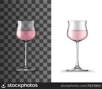Rose wine glass realistic mockup of vector alcohol beverage wineglass. Isolated glassware or stemware clear goblet cup with rose wine or champagne on transparent background, tableware 3d design. Rose wine glass realistic mockup, alcohol beverage