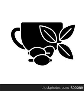 Rosehip tea black glyph icon. Briar tea benefits. Beverage improves immunity and heart health. Herbal drink rich in antioxidants. Silhouette symbol on white space. Vector isolated illustration. Rosehip tea black glyph icon