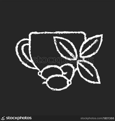 Rosehip tea chalk white icon on dark background. Briar tea benefits. Beverage improves immunity and heart health. Herbal drink rich in antioxidants. Isolated vector chalkboard illustration on black. Rosehip tea chalk white icon on dark background