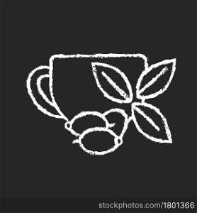 Rosehip tea chalk white icon on dark background. Briar tea benefits. Beverage improves immunity and heart health. Herbal drink rich in antioxidants. Isolated vector chalkboard illustration on black. Rosehip tea chalk white icon on dark background