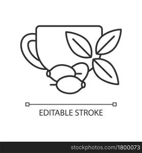 Rosehip tea linear icon. Briar tea benefits. Beverage improves immunity and heart health. Thin line customizable illustration. Contour symbol. Vector isolated outline drawing. Editable stroke. Rosehip tea linear icon
