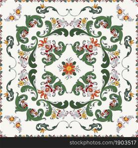 Rosemaling tile, traditional Norwegian decorative pattern. Vector illustration