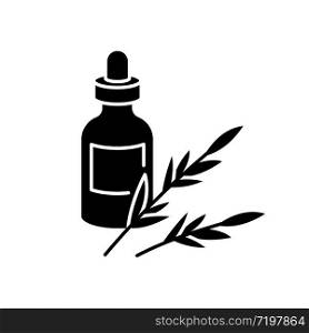 Rosemary oil black glyph icon. Herbal essence for aromatherapy. Organic plant ingredient. Natural cosmetic product for hair treatment. Silhouette symbol on white space. Vector isolated illustration
