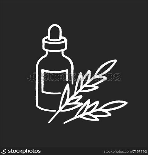 Rosemary oil chalk white icon on black background. Herbal essence for aromatherapy. Organic plant ingredient. Natural cosmetic product for hair treatment. Isolated vector chalkboard illustration