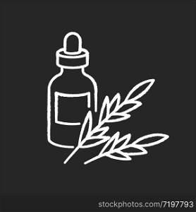 Rosemary oil chalk white icon on black background. Herbal essence for aromatherapy. Organic plant ingredient. Natural cosmetic product for hair treatment. Isolated vector chalkboard illustration