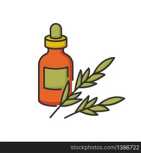 Rosemary oil RGB color icon. Herbal essence for aromatherapy. Massage oil for spa. Organic aromatic plant ingredient. Natural cosmetic product for hair treatment. Isolated vector illustration. Rosemary oil RGB color icon. Herbal essence for aromatherapy. Massage oil for spa. Organic aromatic plant ingredient. Natural cosmetic product for hair treatment. Isolated vector illustration.
