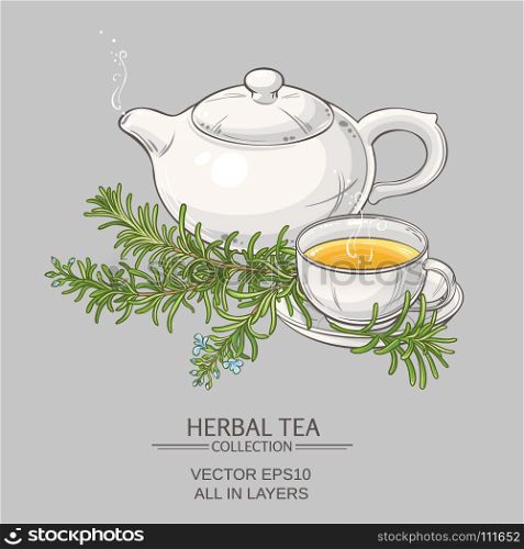 rosemary tea illustration. cup of rosemary tea and teapot on color background
