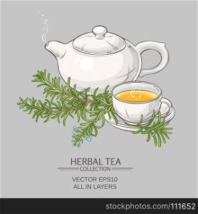 rosemary tea illustration. cup of rosemary tea and teapot on color background