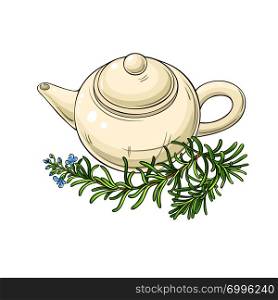 rosemary tea in teapot illustration on whte background. rosemary tea illustration