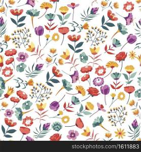 Roses and tulips, calendula and dahlia, poppy and buttercup, peony and pansy seamless pattern. Wildflower bouquet of flowers with foliage, spring blooming and flourishing print, vector in flat. Wildflowers, roses and daisy in blossom seamless pattern