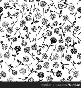 Roses floral seamless background. Wallpaper with pattern of black and white roses icons. Heraldic flower buds with stems, leaves, thorns. Roses floral seamless pattern background